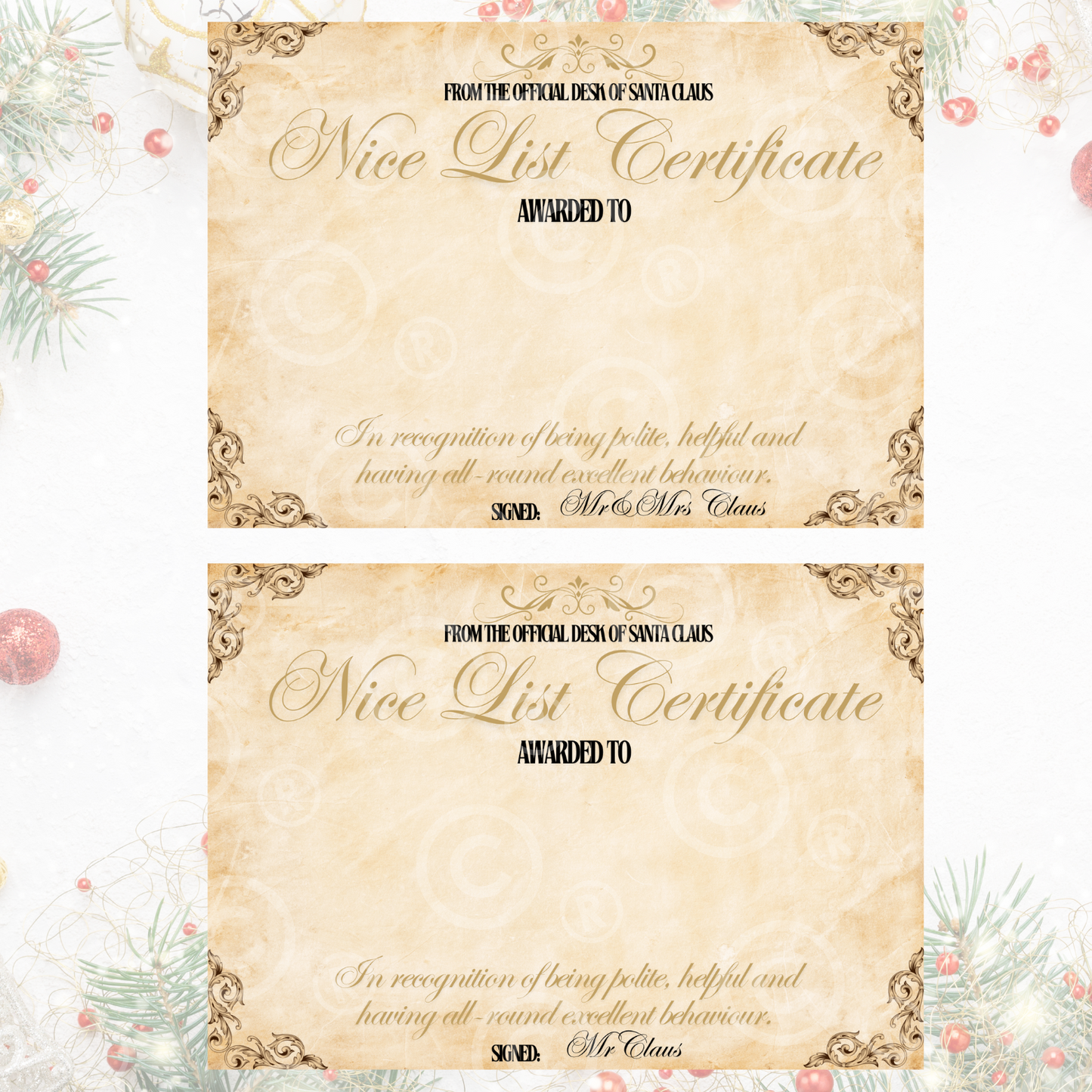 2 x Vintage Christmas Certificate Instant Digital Download