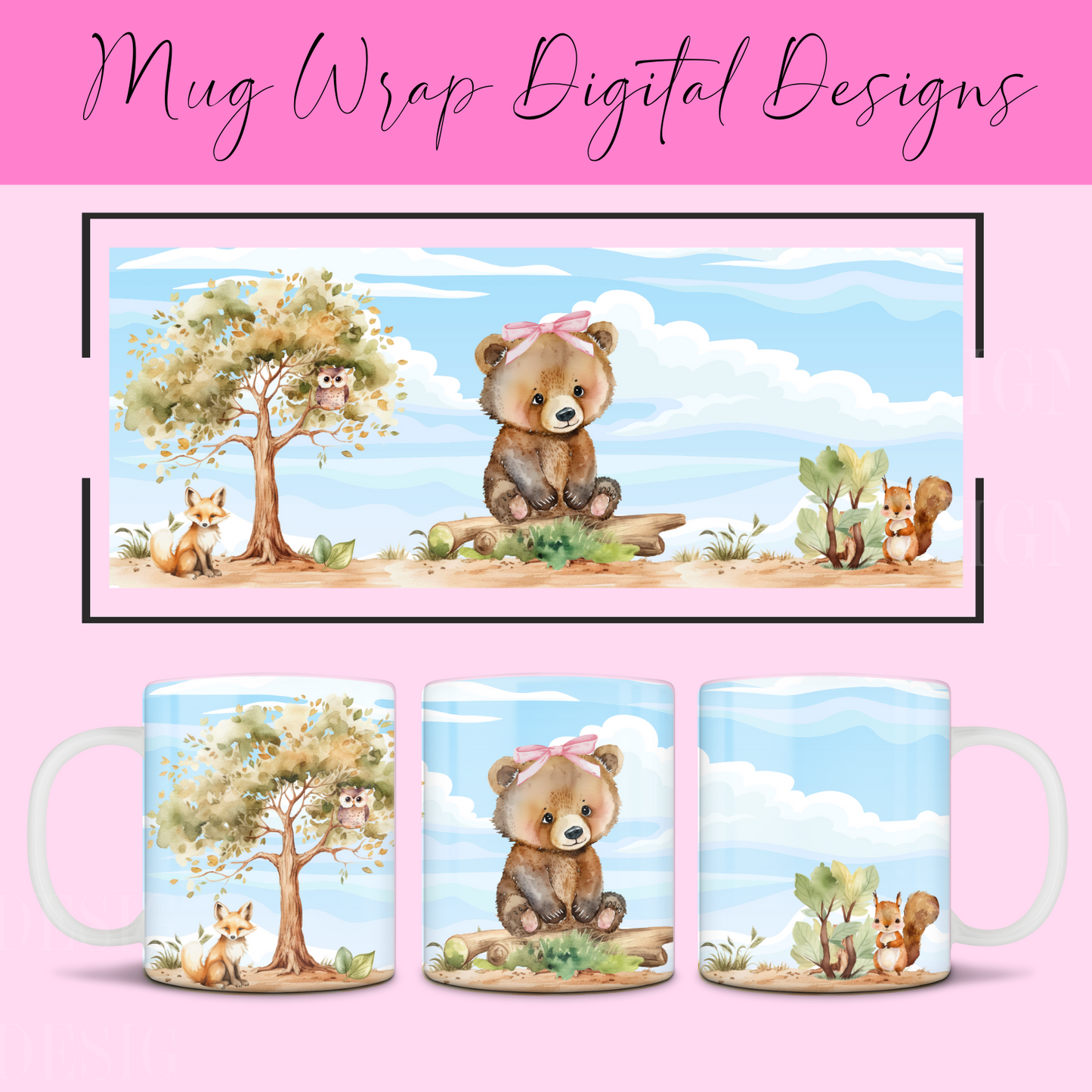 Cute Bear Pink Bow Mug Wrap Design 